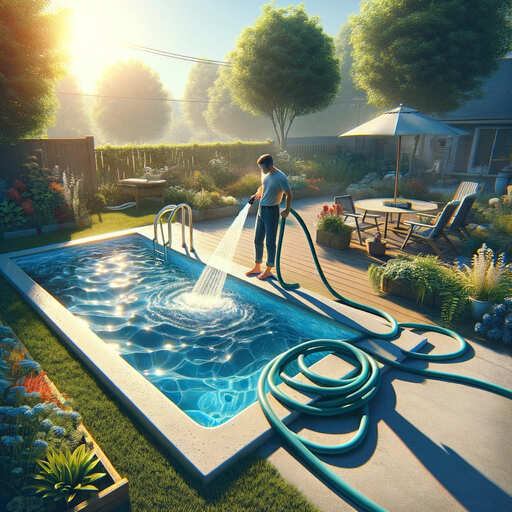 Alguém que utiliza uma mangueira de jardim para encher a sua piscina