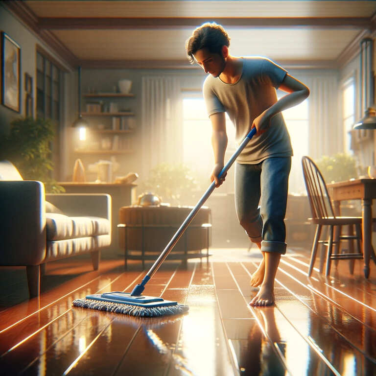 Una persona che pulisce il pavimento della propria casa con l'acqua raccolta e conservata in un collettore di acqua piovana.