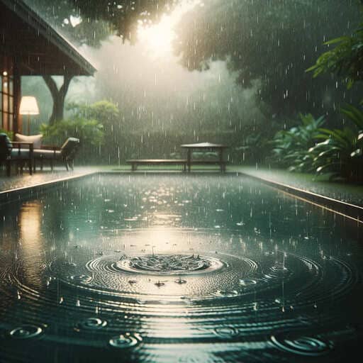 Regnvand, der falder ned i en swimmingpool under et brusebad.